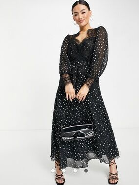 high neck maxi dress with wrap waist and fluted sleeve La Lune High Neck Maxi Dress | Cream | Dresses main image 0